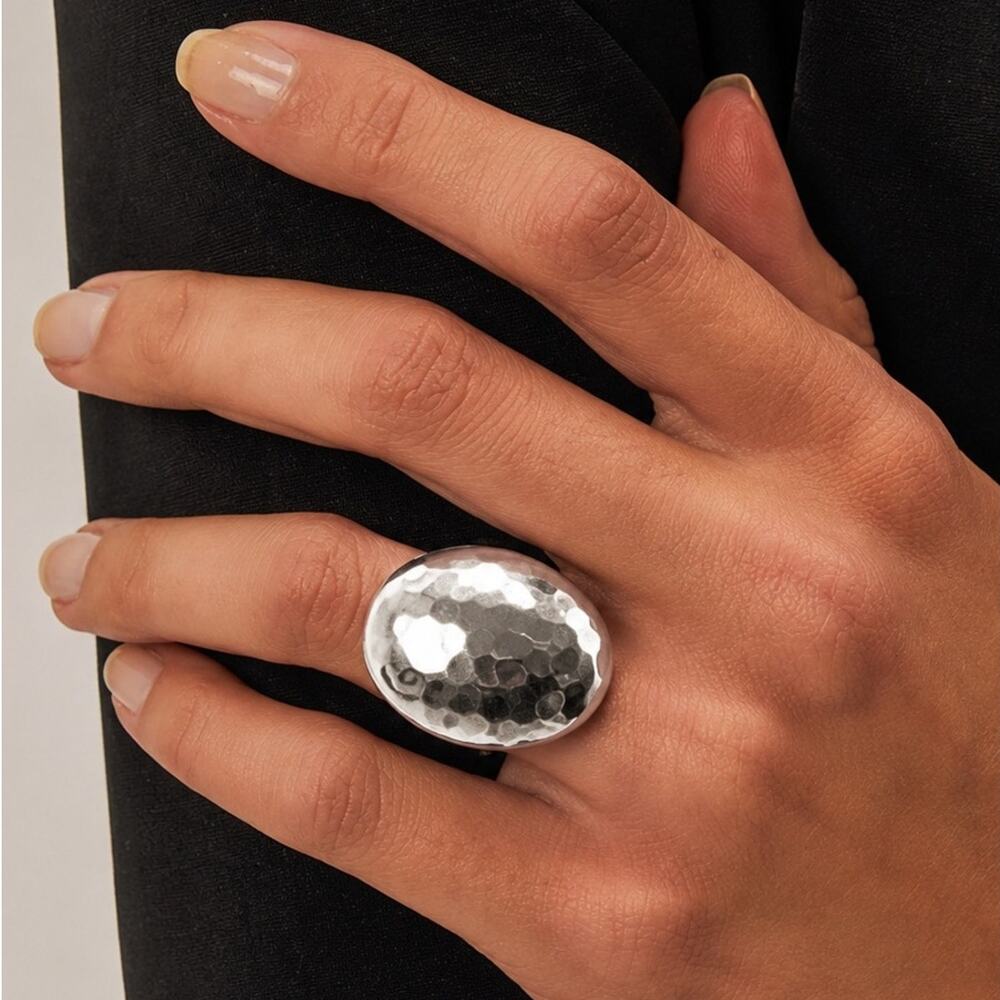 Silver Plated Hammered Dome Adjustable Statement Ring Chunky Jewelry